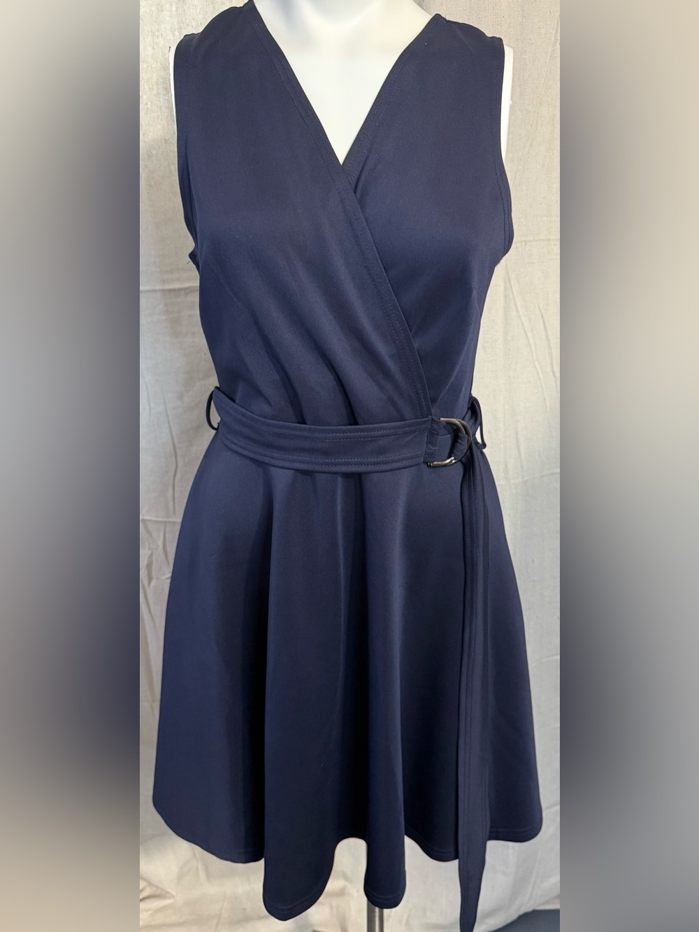 Sleeveless Wrap Belted A-Line Dress in Navy PTP 20